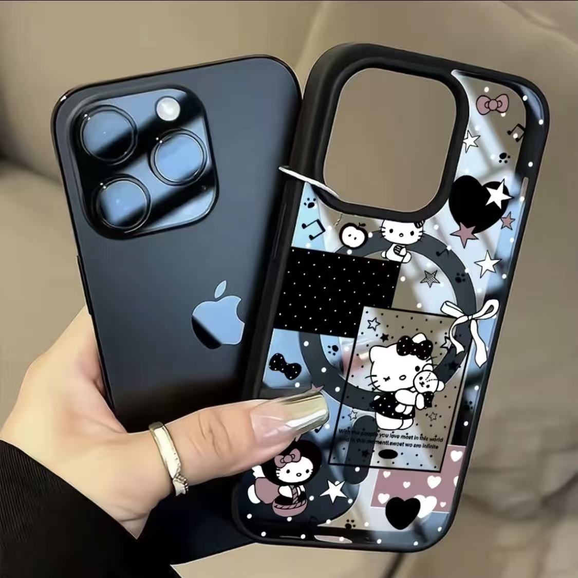 黑色系爱心抱熊猫适用iphone17pro手机壳14plus磁吸16硬壳15苹果13磨砂黑边12创意11大孔XR磁吸17透明手机壳