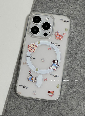英文小树猫咪适用iphone17pro手机壳14plus磁吸16韩版15苹果13可爱12创意11大孔XR高级17透明手机壳