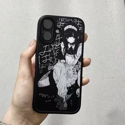 暗黑日漫洛丽塔女仆适用iphone16pro手机壳14磨砂玻璃17黑框硬壳15苹果13二次元病娇12亚文化磁吸双层手机壳