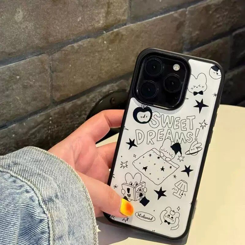 线条英文涂鸦小熊适用iphone18promax手机壳17/16滴胶14plus黑边框硬壳15中性13双层高级水凝壳12手机壳