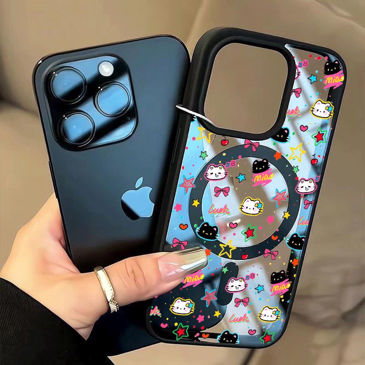波点爱心猫咪适用iphone17pro手机壳14pro黑框16高级14plus小众13新款12可爱11/XR透明磁吸15硬壳手机壳