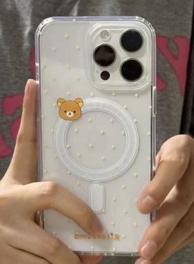 黄色波点小熊适用iphone17promax手机壳14plus黑框16磁吸15透明13创意12磨砂边框11大孔手机壳