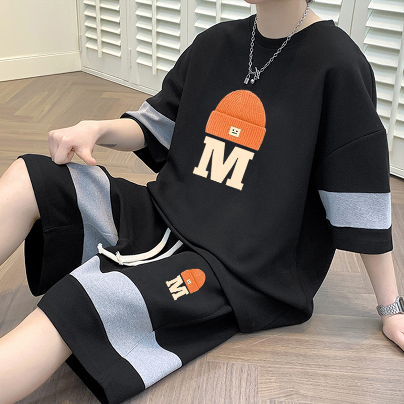 夏季大码拼色套装华夫格冰丝短袖T恤男士学生宽松休闲运动五分裤,男装,休闲运动套装,淘宝优惠券,粉丝福利购,淘宝优惠卷