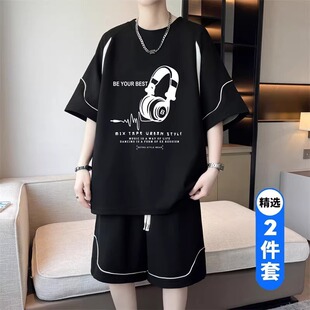 夏季休闲运动短裤套装男初中高中学生青少年大童冰丝速干短袖t恤