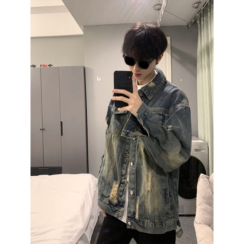 美式复古水洗破洞牛仔外套男春秋