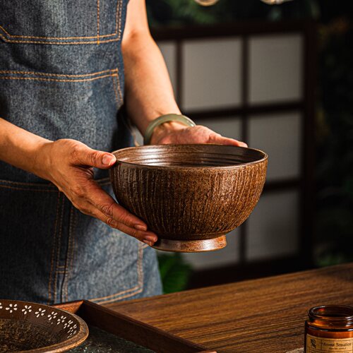 复古土灰竖纹 7 寸大碗粗陶面碗家用碗沙拉碗陶瓷餐具1100ML