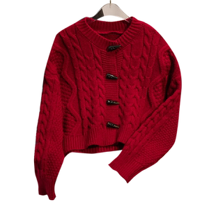 牛角扣红色毛衣高级感外套女春秋款短款针织开衫慵懒风小个子女款