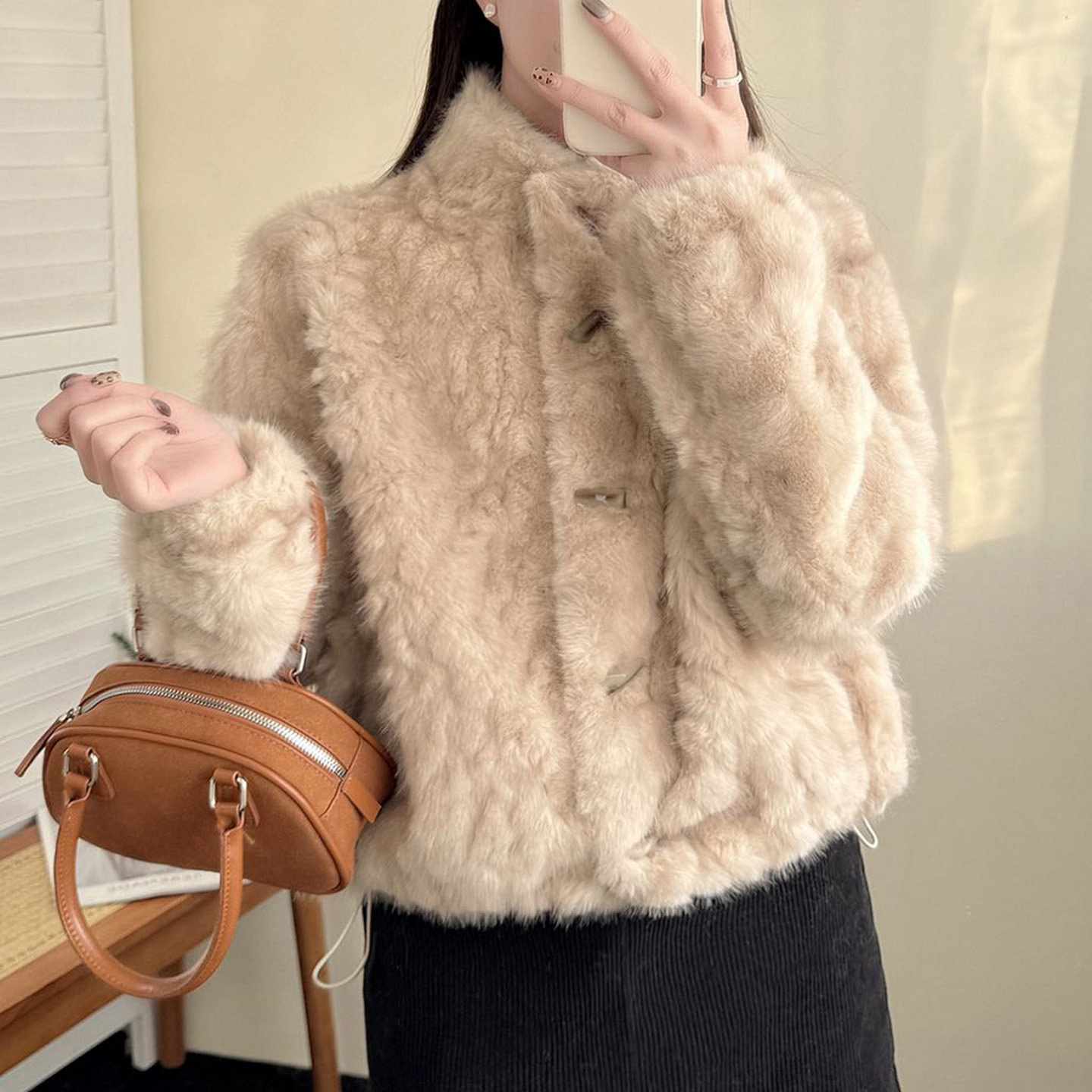 小香风皮毛一体加厚短款外套女图片