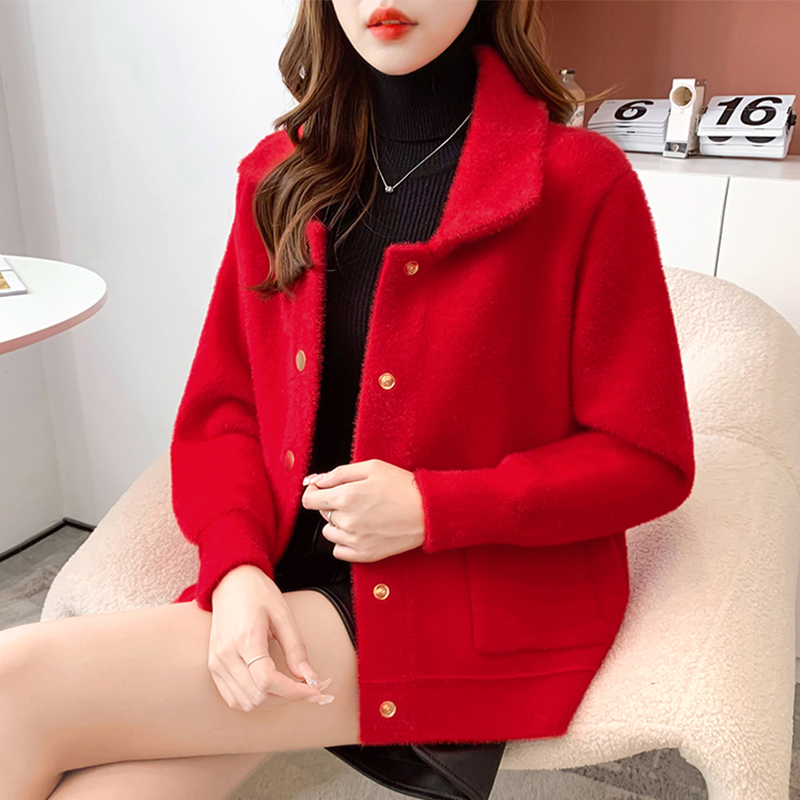 毛呢外套女加厚短款红色上衣