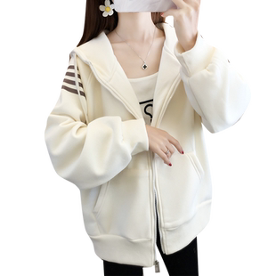 加绒加厚外套韩系慵懒风卫衣女2025新款春装爆款连帽开衫长袖上衣