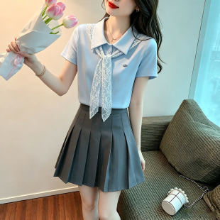 夏季美容师足浴技师工作服短袖衬衫套装前台接待导购制服百褶裙女