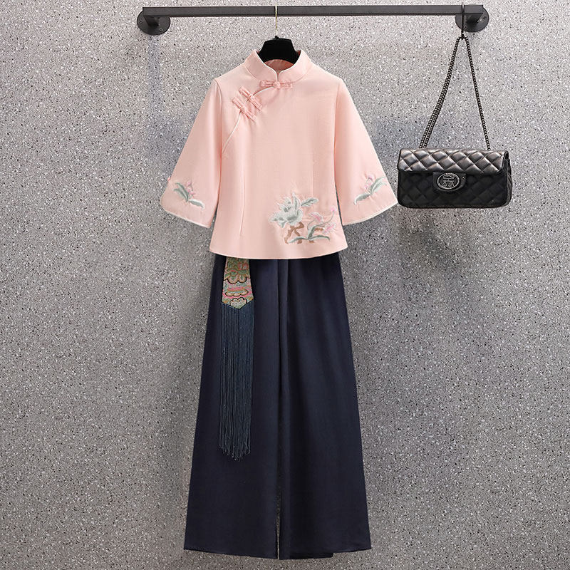 养生馆采耳师茶艺服足浴技师工作服新中式国风汉服旗袍上衣两件套