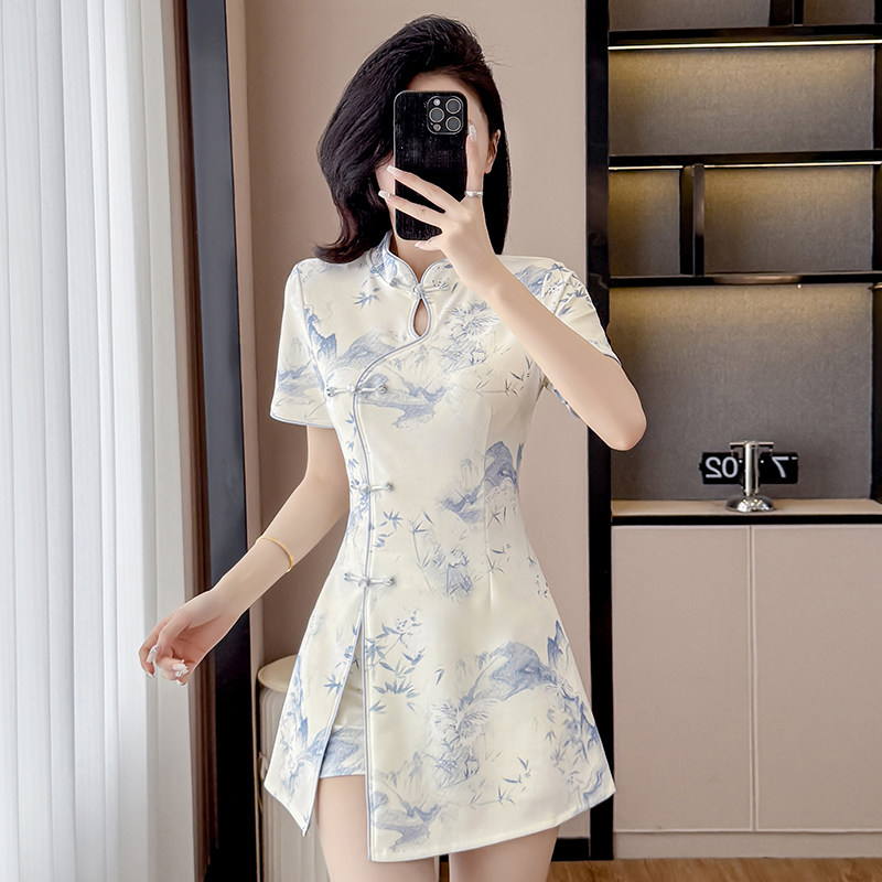 spa柔式性感工作服足浴技师旗袍遮肚子国风改良旗袍裙连衣裙套装