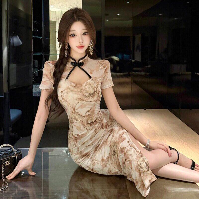 民国性感改良旗袍裙女夏显瘦新中式连衣裙夜店足浴技师工作服制服