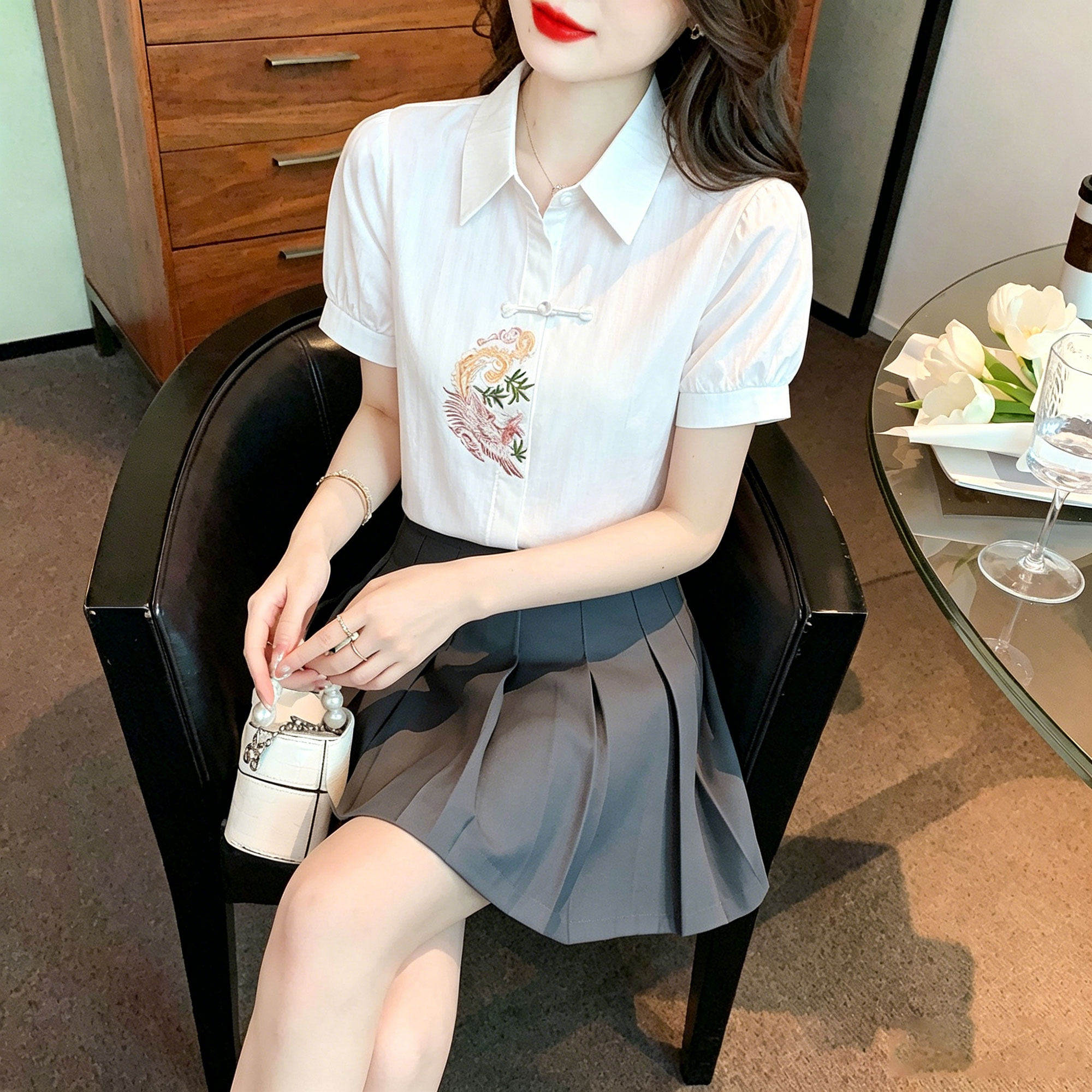 美甲店美容师工作服养生馆足浴技师制服学院风衬衫短裙套装小个子