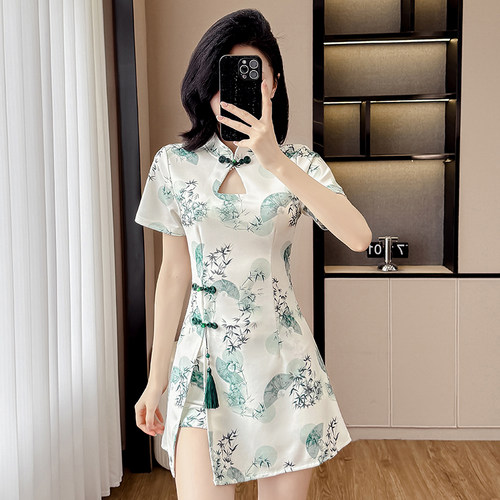 足浴工作服减龄款遮肚子新中式国风时尚套装小个子旗袍连衣裙套装