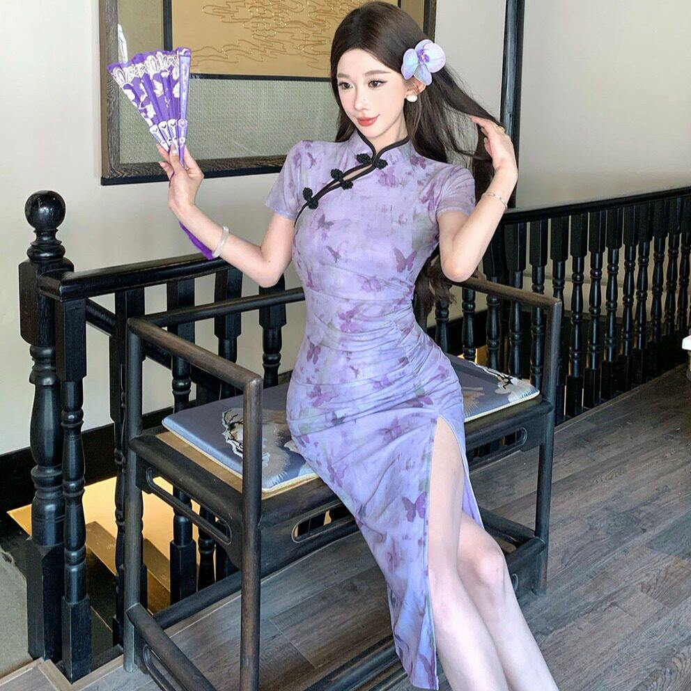 足浴技师服夏性感包臀改良旗袍紫色制服连衣裙spa养生会所工作服