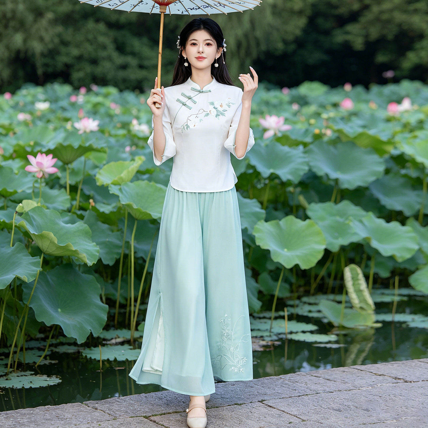 夏季新中式盘扣刺绣茶艺套装女
