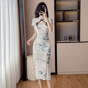 夏季年轻款少女网纱改良旗袍裙显瘦连衣裙长款足疗足浴技师工作服