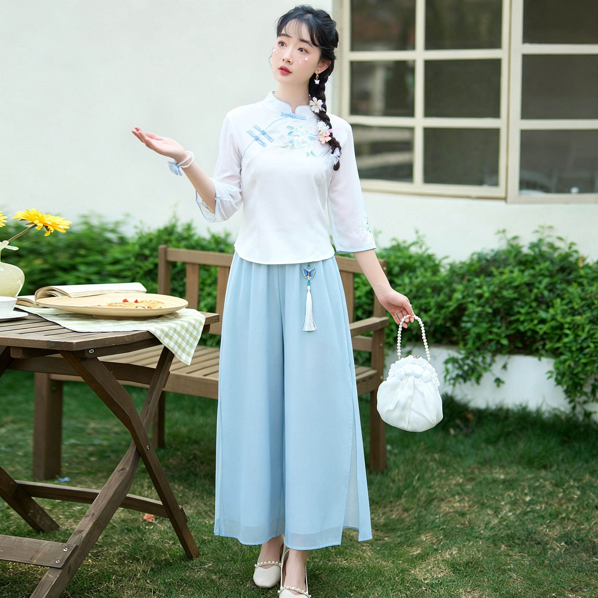 夏季新中式改良旗袍盘扣上衣套装