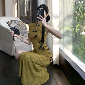 新中式改良民国风旗袍女夏性感无袖连衣裙复古盘扣流苏修身鱼尾裙