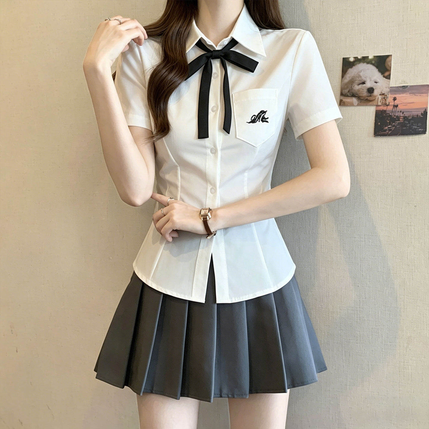 美容院工作服时尚白领OL套装养生会所白色短袖黑色百褶裙显瘦制服