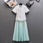 禅意茶服套装 盘扣刺绣上衣新中式 夏 女短袖 中国风改良唐装