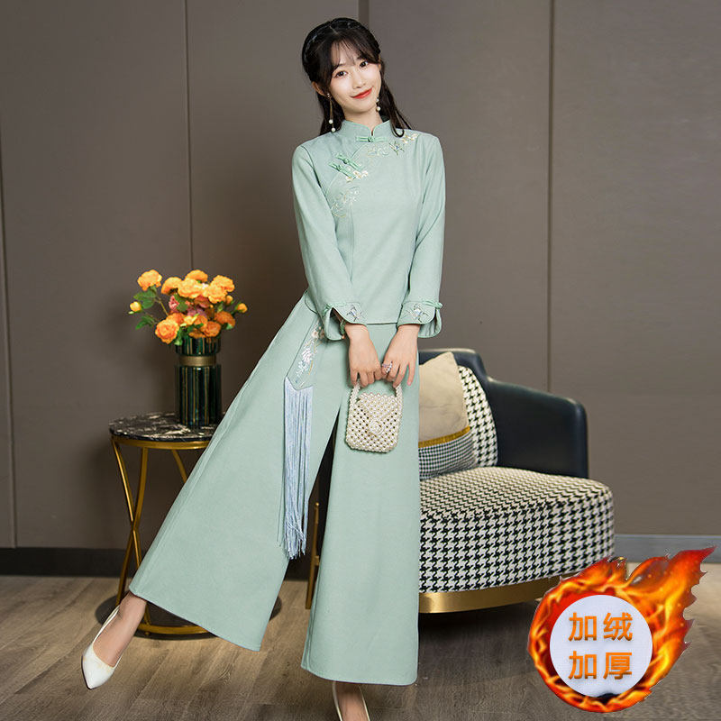 秋冬茶服唐装中式上衣中国风汉服茶艺师民国改良旗袍采耳师工作服