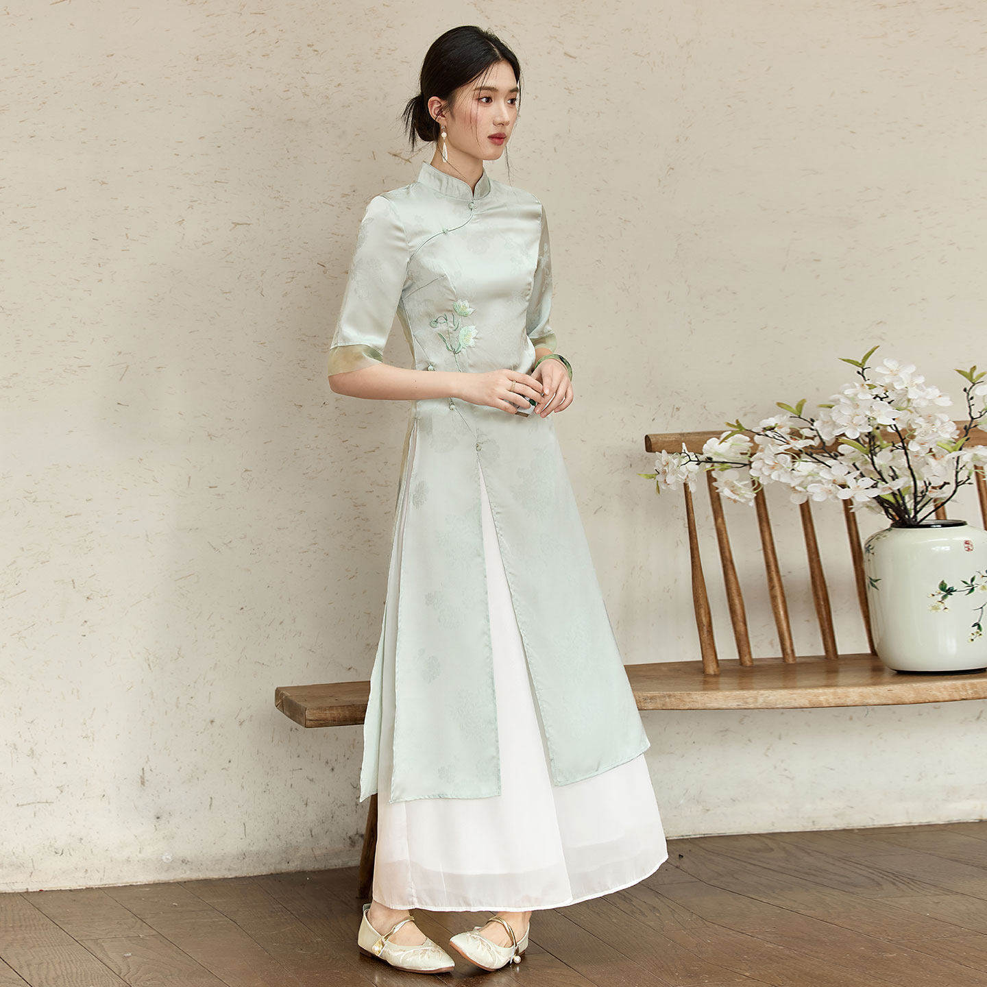 新中式改良奥黛旗袍汉服套装女茶艺师工作服春夏禅意茶服两件套夏