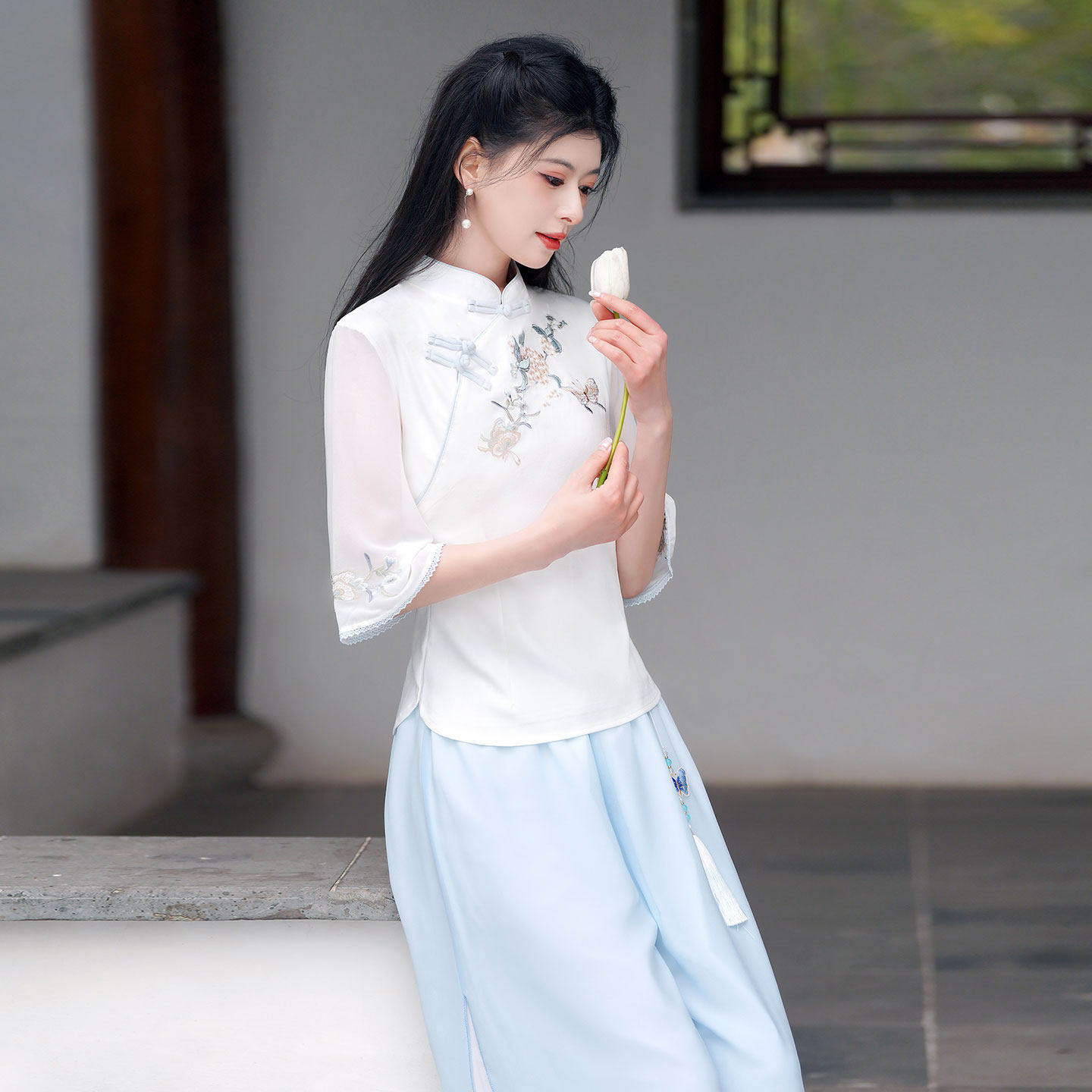 茶艺师工作服新中式改良旗袍裙汉服美容院养生馆技师制服套装上衣