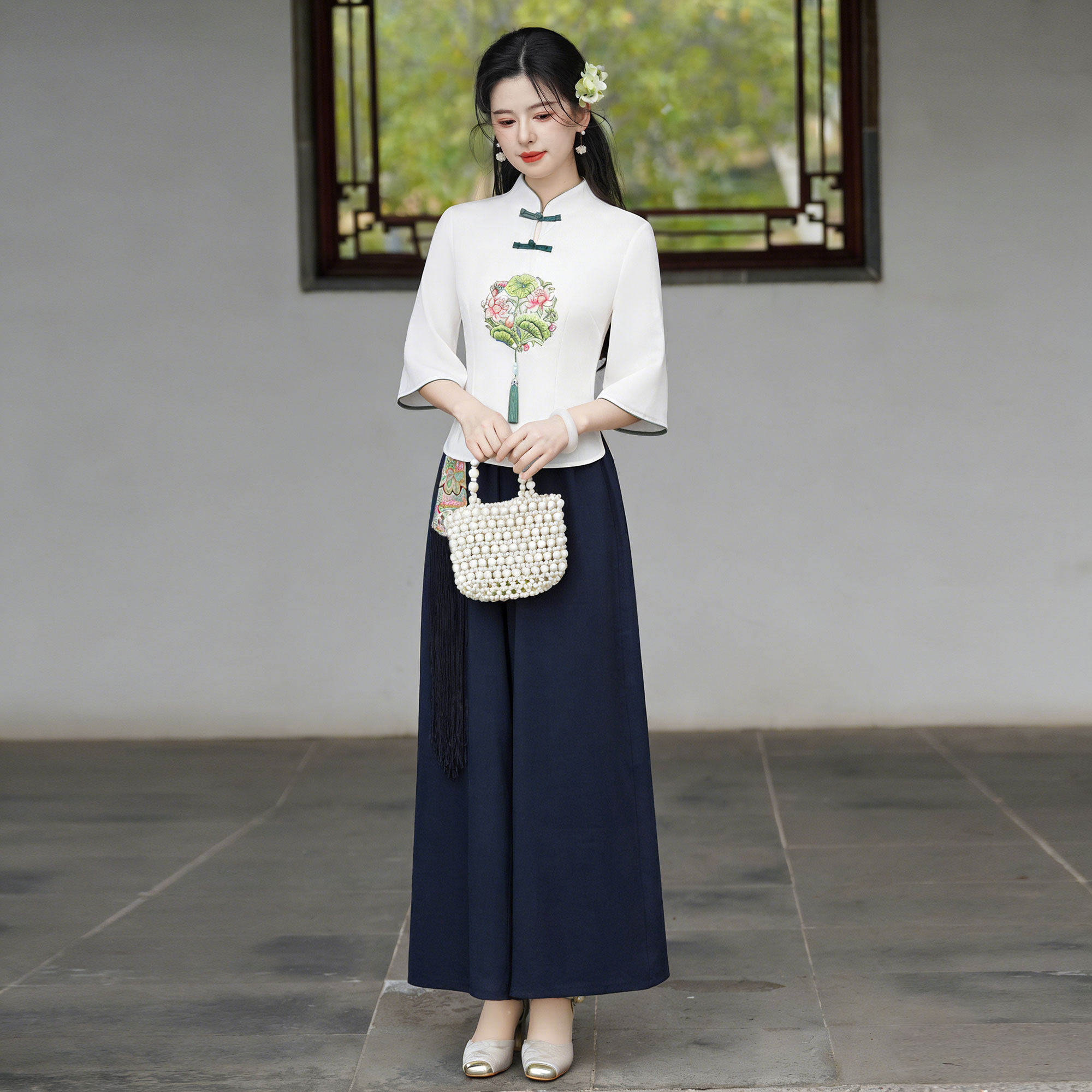新中式茶艺师工作服装改良汉服刺绣旗袍上衣阔腿裤套装两件套仙气