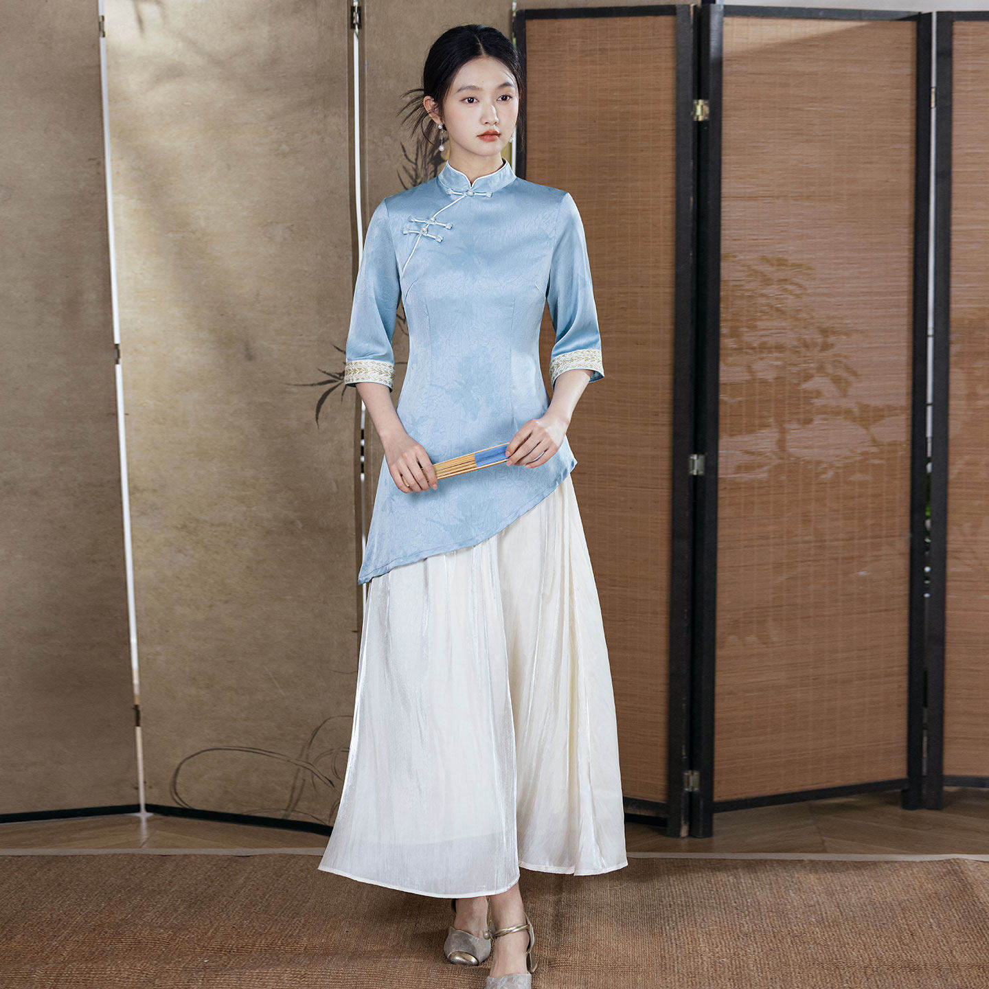 新中式改良上衣女立领盘扣衬衫奥黛旗袍文艺禅意茶服阔腿裤两件套