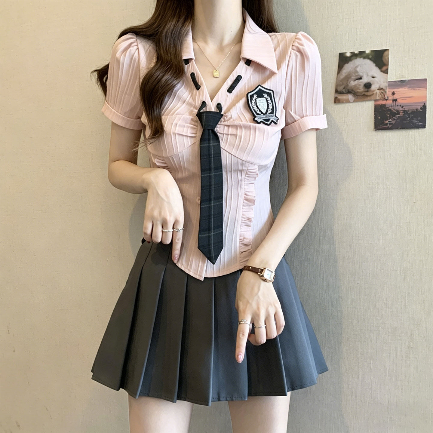 夏季学院风徽章领带百褶裙两件套