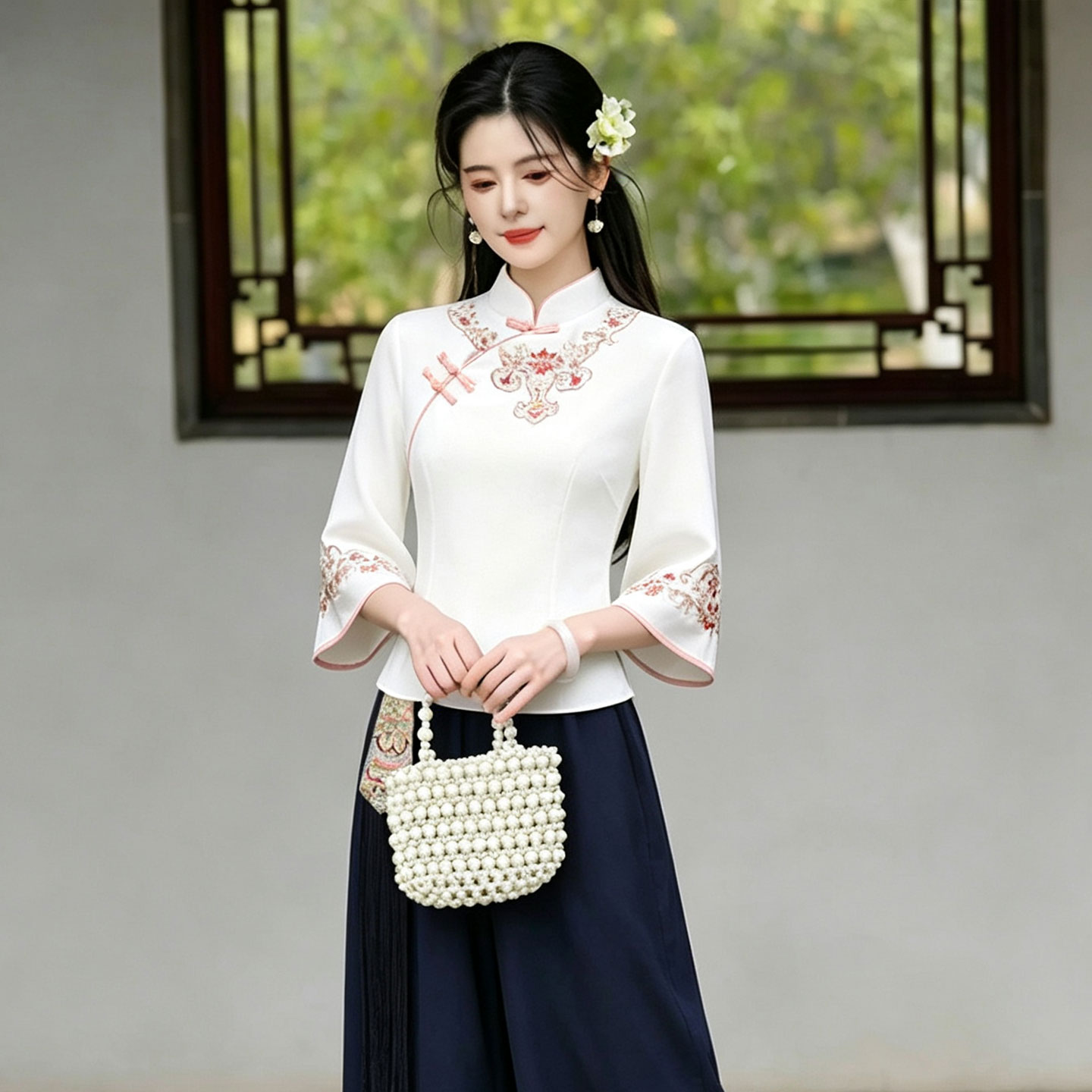 旗袍中医馆理疗师制服复古盘扣刺绣上衣新中式茶艺师服装汉服套装
