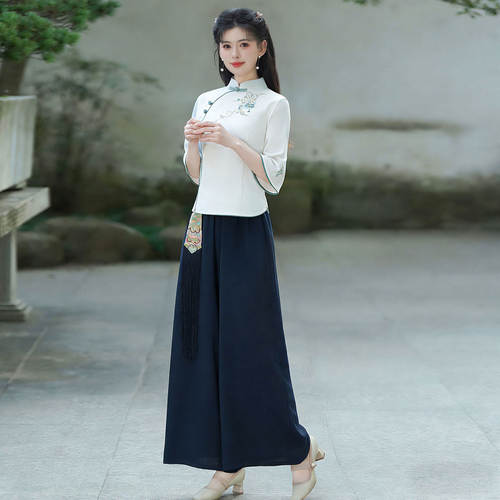 夏季新中式立领刺绣茶道服上衣