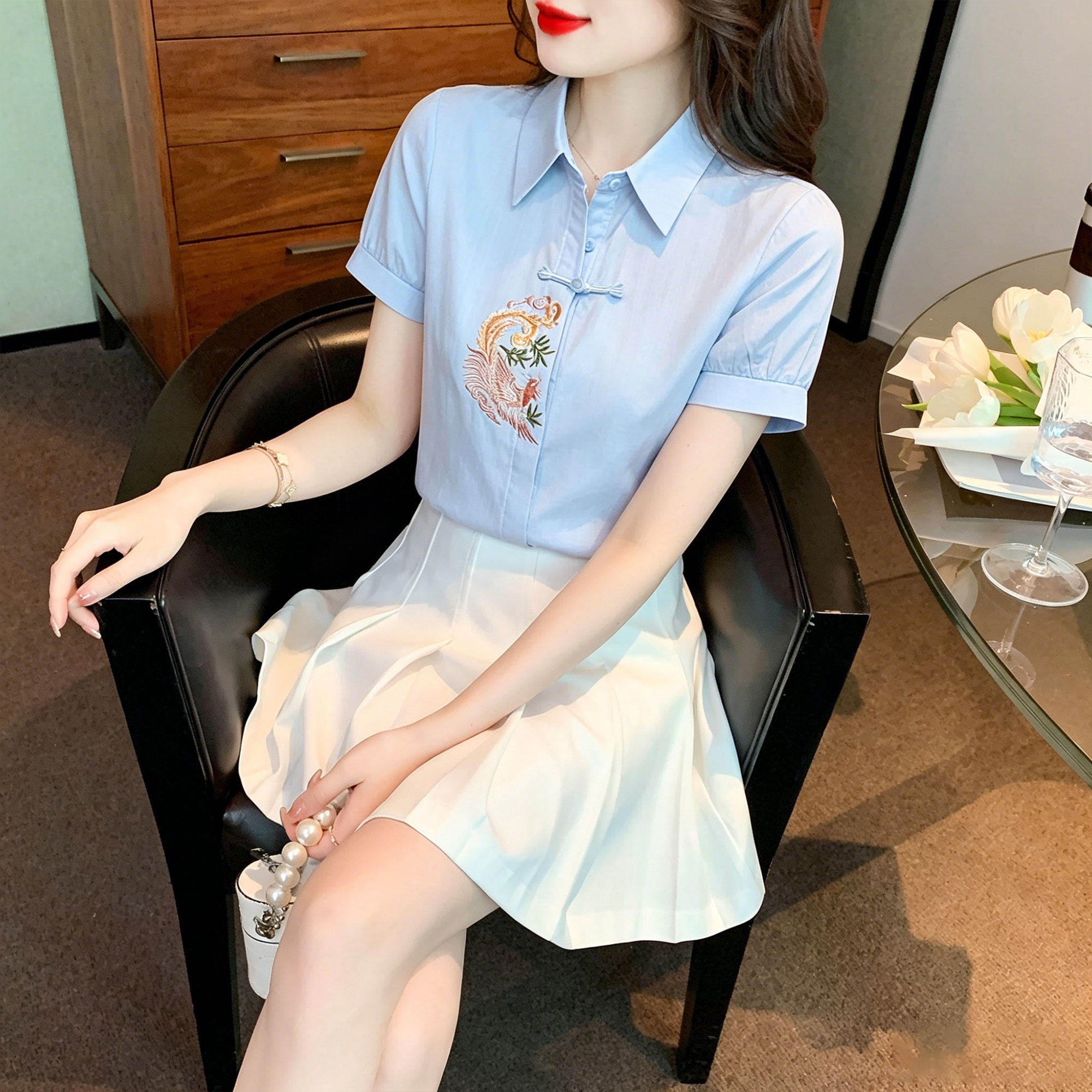 职业装女夏套装美容师足浴技师工作服新中式蓝色衬衫百褶裙两件套