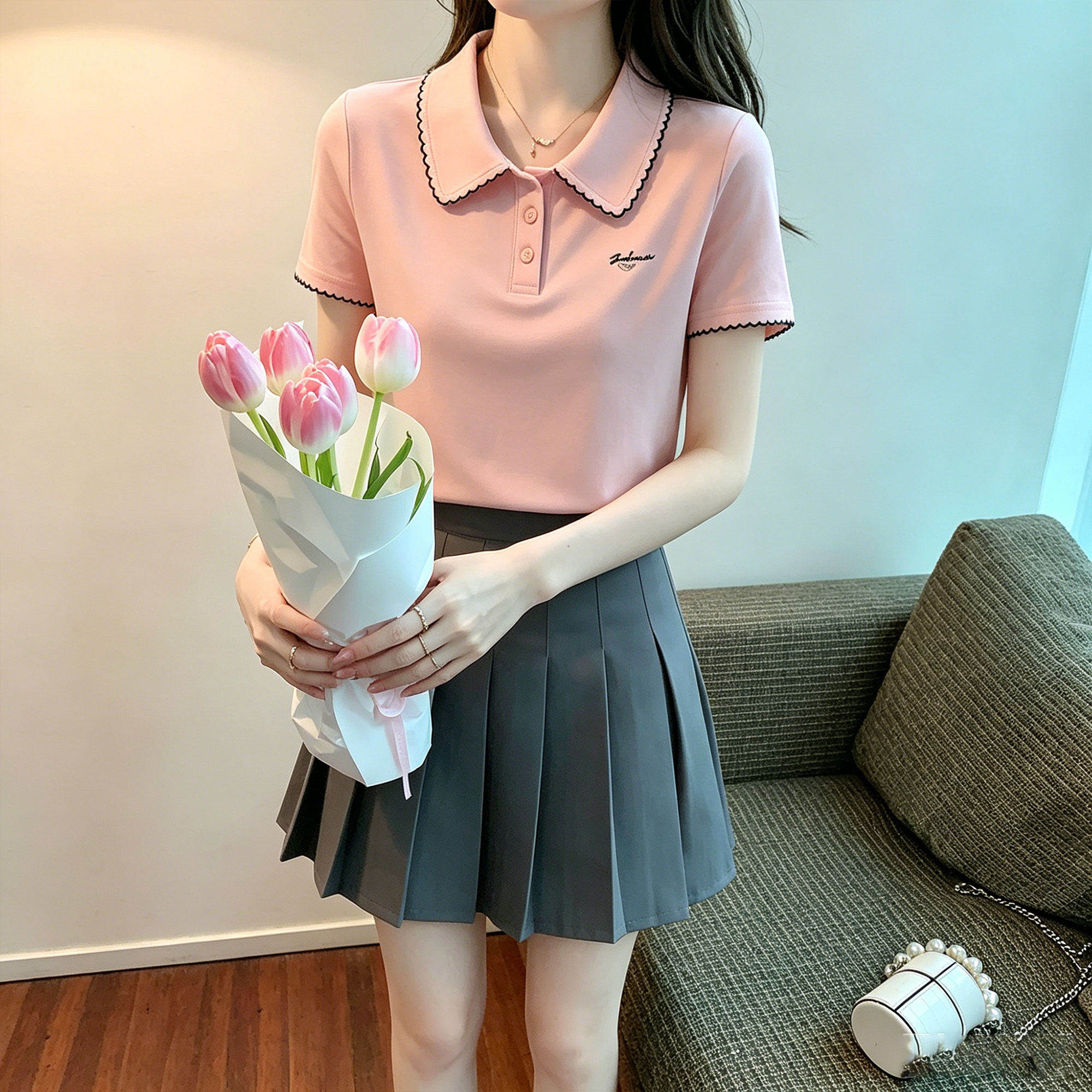 学院风polo领短袖T恤百褶裙美容师工作服护肤技师养生馆制服日常