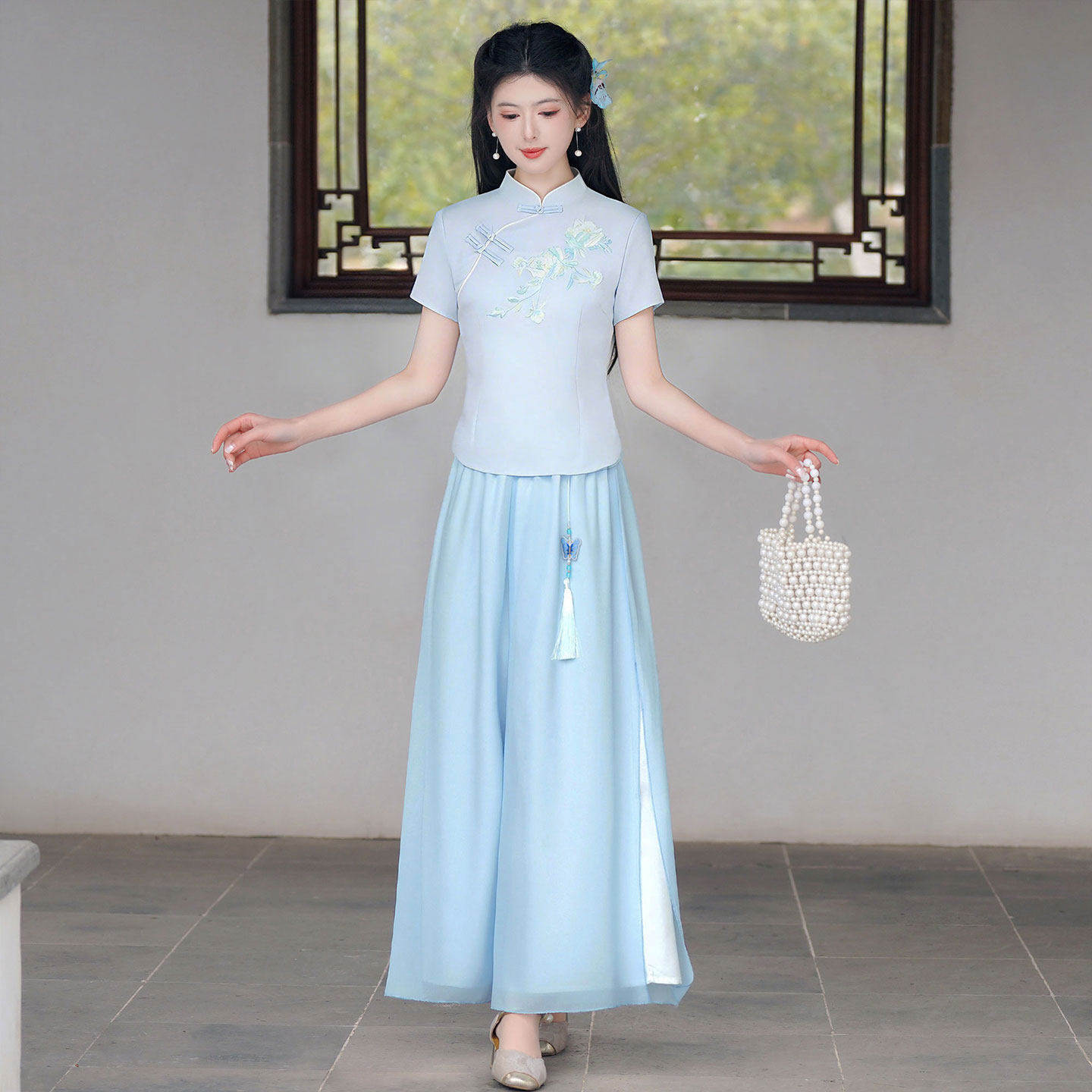 新中式套装女夏装改良旗袍汉服上衣阔腿裤两件套国风茶服日常穿搭