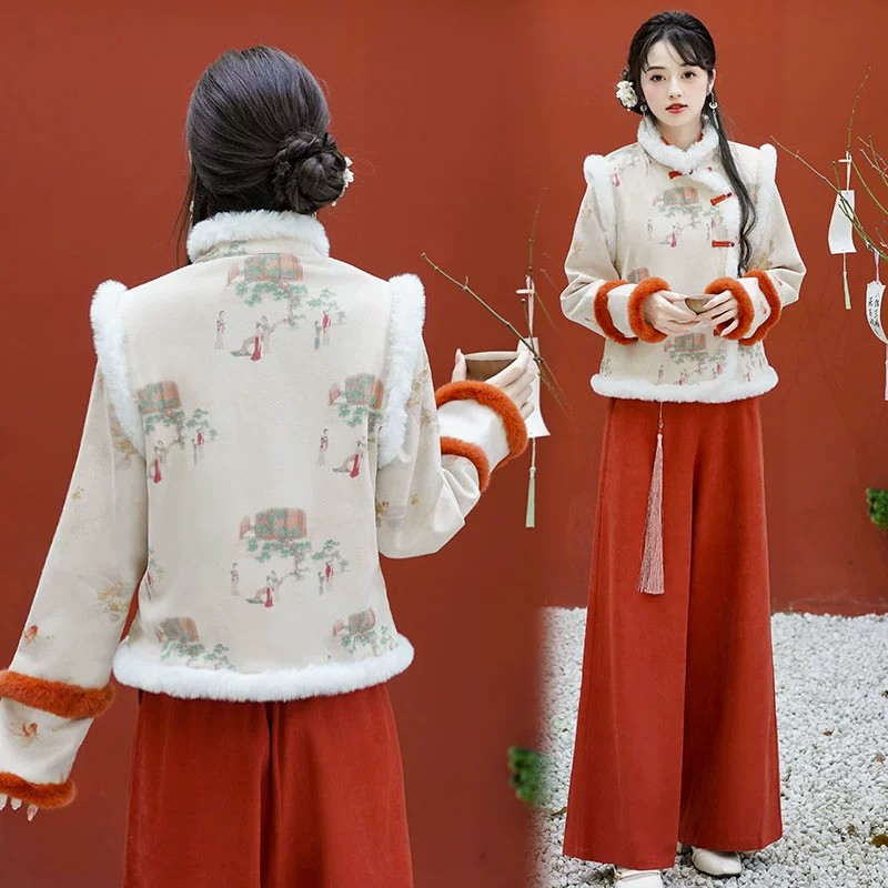 秋冬新中式国风加厚加绒新年汉服旗袍上衣马甲茶艺师养生馆工作服