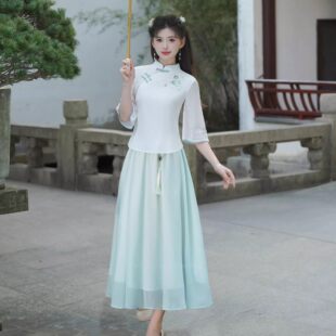 中式改良旗袍上衣唐装盘扣中国风汉服套装裙学生茶艺师考试工作服