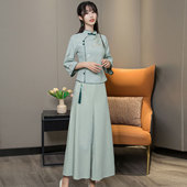 新中式 养生馆茶艺师工作服装 旗袍上衣女 汉服民国风刺绣唐装 秋冬款