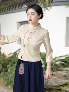 新中式衬衫中国风唐装上衣汉服套装女茶服会所茶艺师养生馆工作服