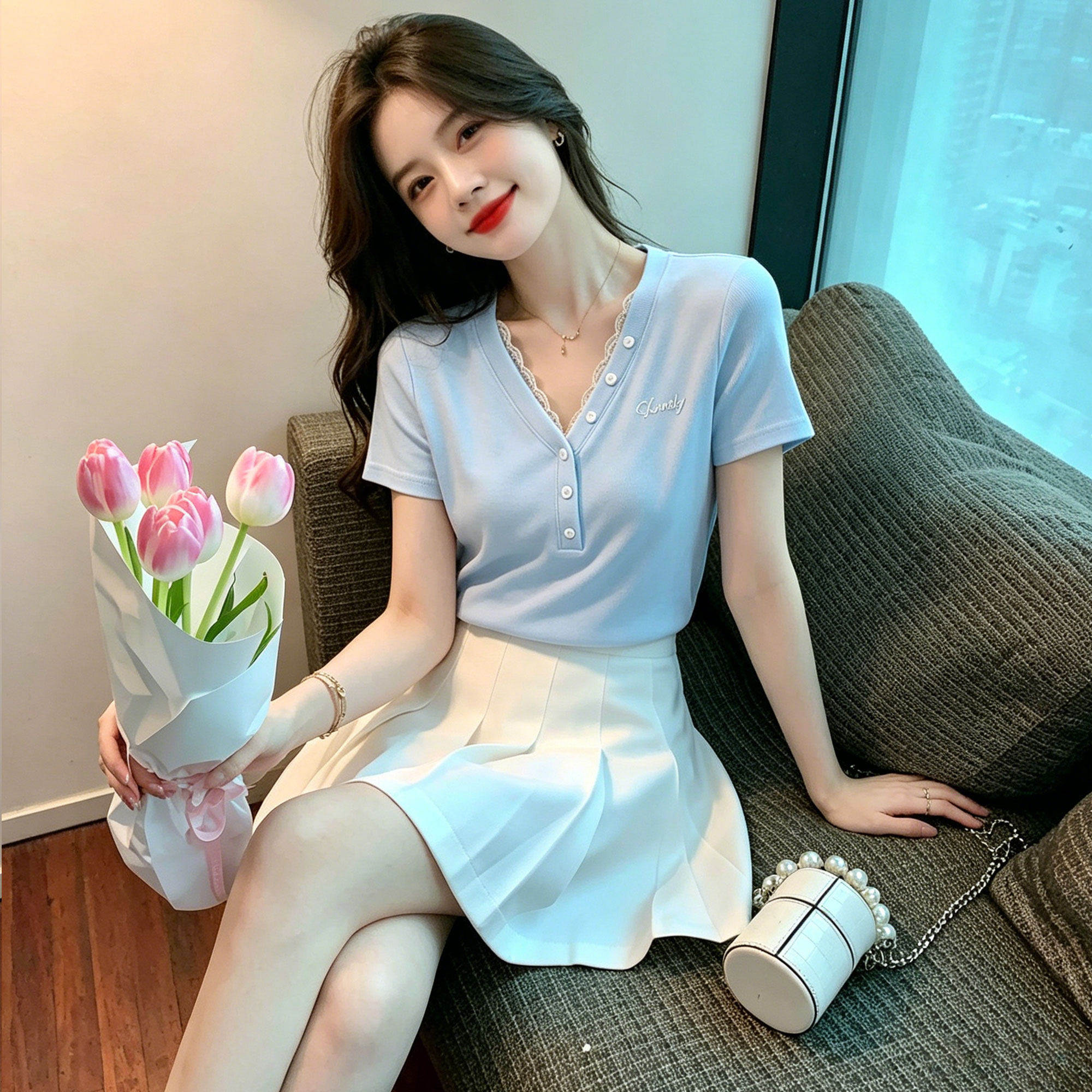 美容院前台接待服女衬衫配白裙护肤顾问工装两件套足浴技师工作服