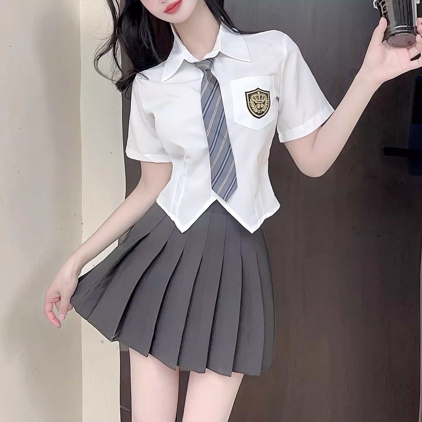 jk制服百褶裙时尚套装裙短袖衬衫两件套学院风美容足浴技师工衣女
