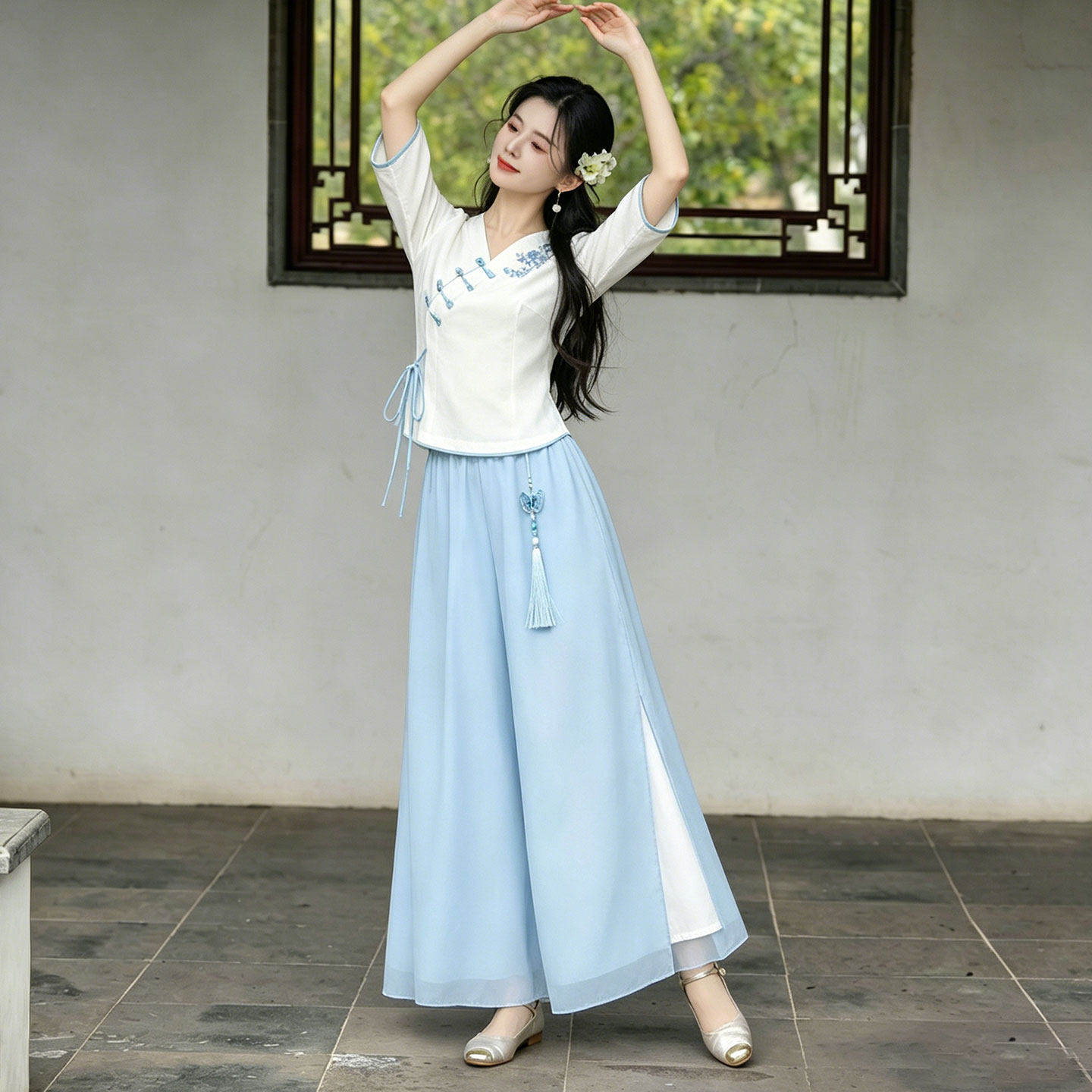 禅意新中式刺绣阔腿茶服套装女夏