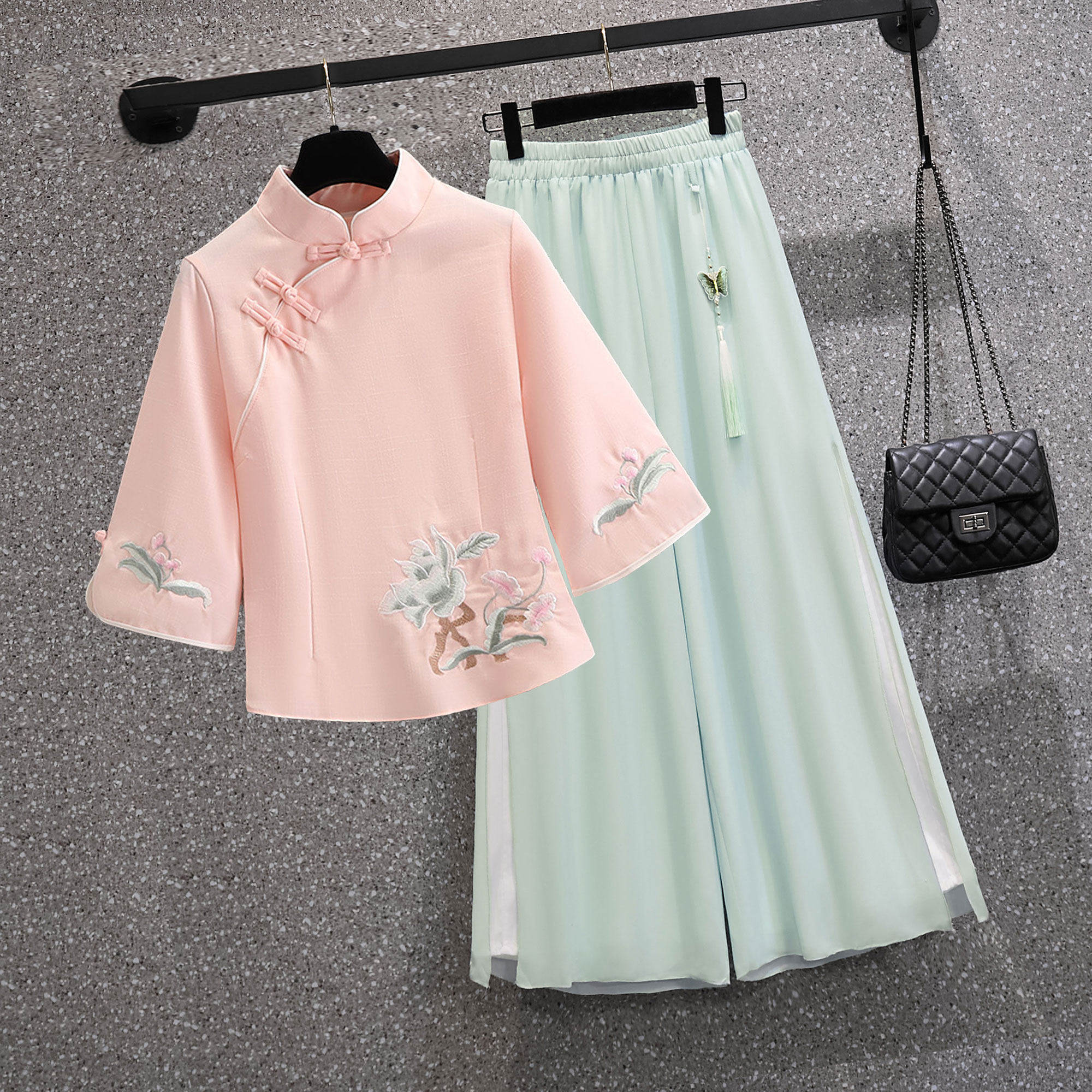 中国风刺绣盘扣立领盘口衬衫旗袍上衣茶艺师套装新中式民国古装夏