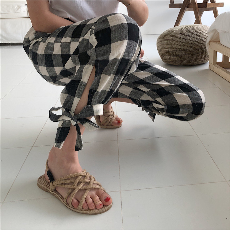 Cotton and hemp Pantyhose child 2019 new pattern student Easy Korean Edition ulzzang Versatile lattice Casual pantsin the Women's clothing/Boutique , Pants , Casual pants  category - from Buy2taobao.com to provide professional Taobao agent buy service