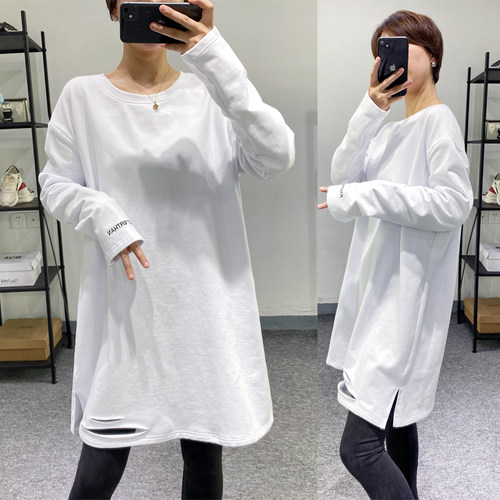 长袖欧版适中开叉棉女印花破洞