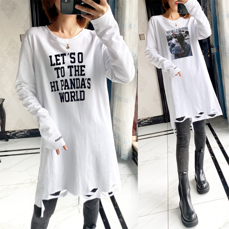 2025春季新女装加长字母美女印花破洞刺绣白T恤纯棉打底衫内搭潮,女装/女士精品,T恤,淘宝优惠券,粉丝福利购,淘宝优惠卷