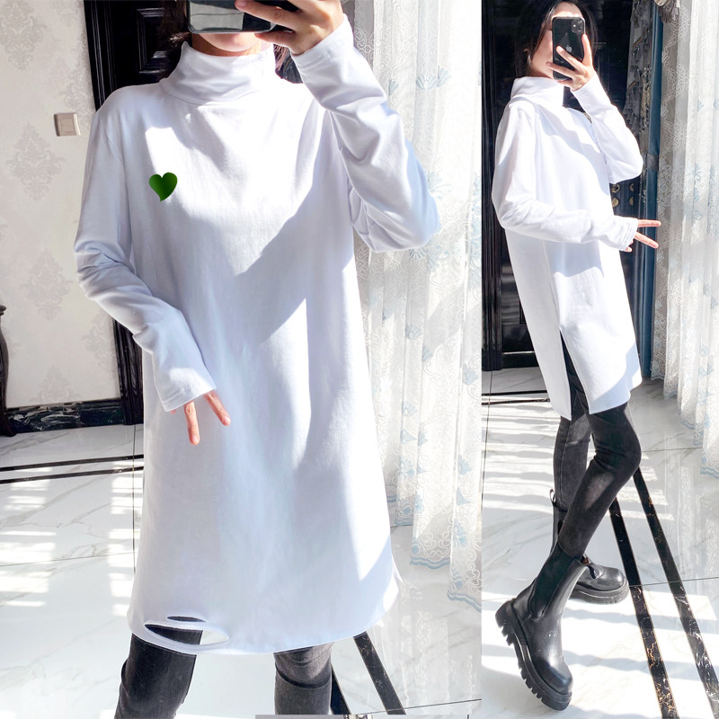 2024冬季新女装高领两侧开叉字母美女印花加长加绒棉白T恤打底衫,女装/女士精品,T恤,淘宝优惠券,粉丝福利购,淘宝优惠卷